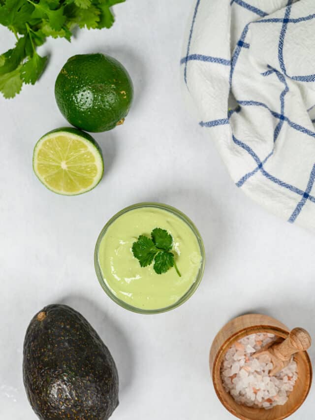 Avocado crema next to the ingredients used to make it