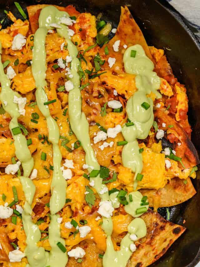 Chilaquiles with avocado crema drizzled on top