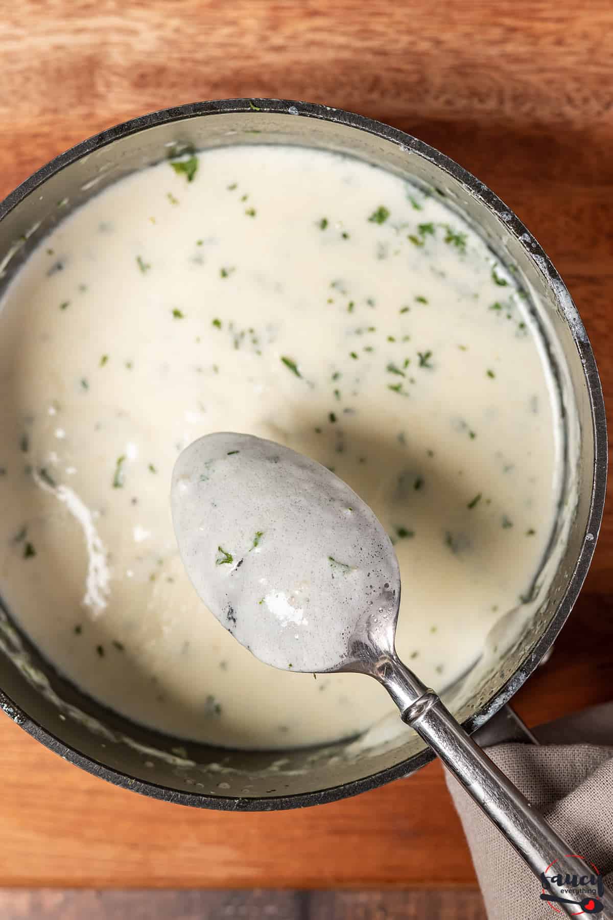 A spoon over a bowl of garlic cream sauce
