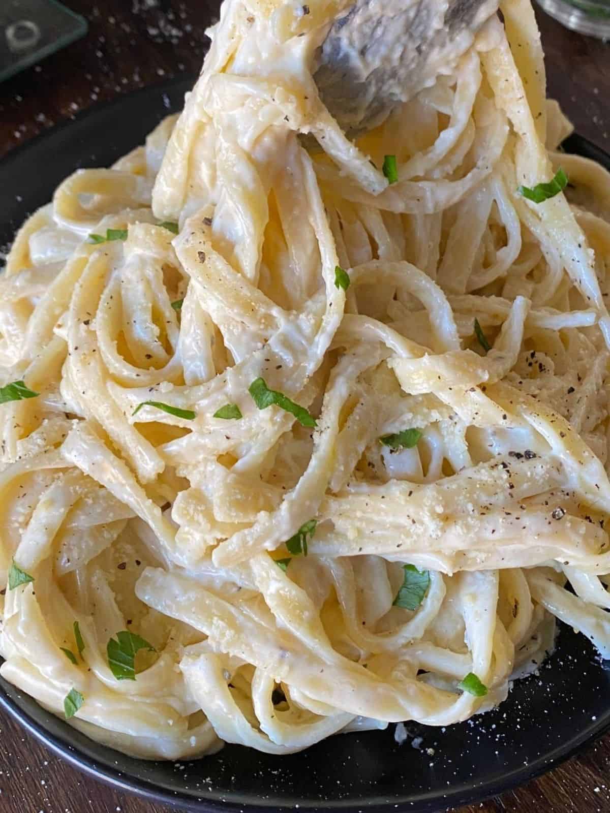 Alfredo noodles with Alfredo sauce.