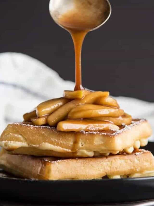 Sauteed apples on a stack of two waffles