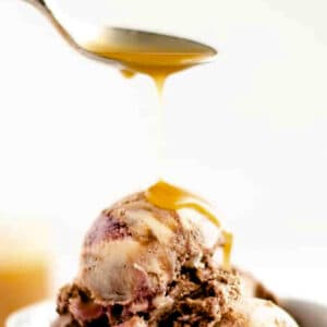 butterscotch sauce drizzled over icecream