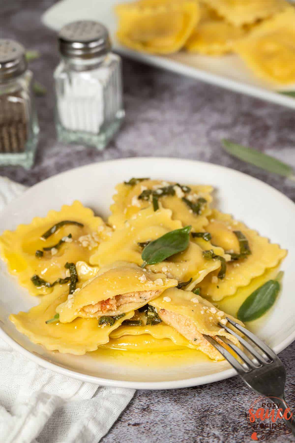 lobster ravioli topped with sage butter sauce