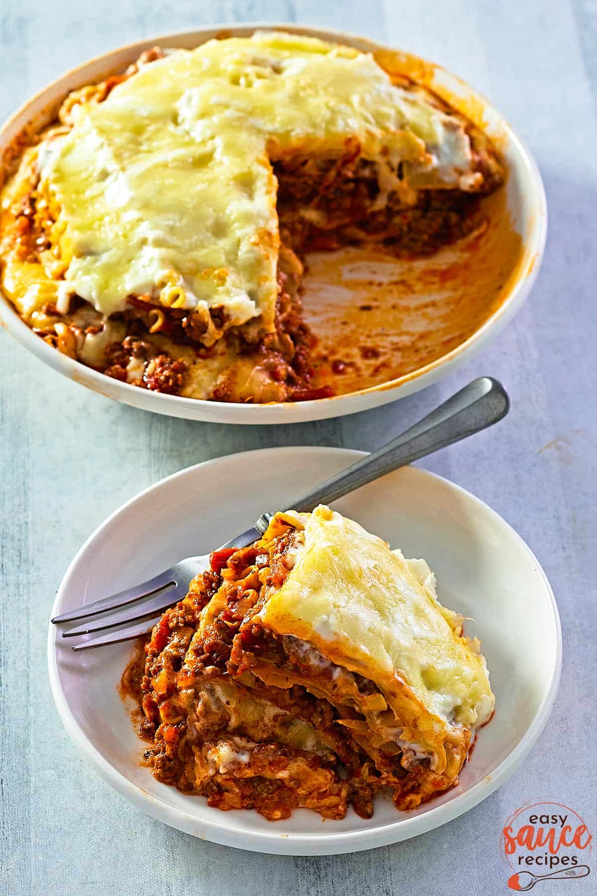 lasagna using bechamel sauce on a plate and in a dish