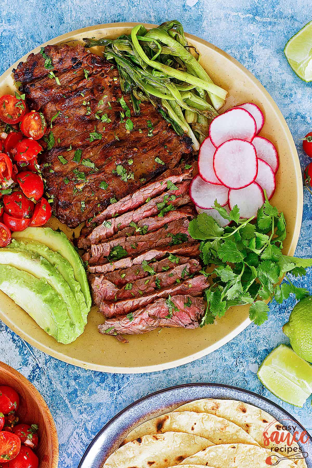 Carne asada meat sliced on a plate with vegetables