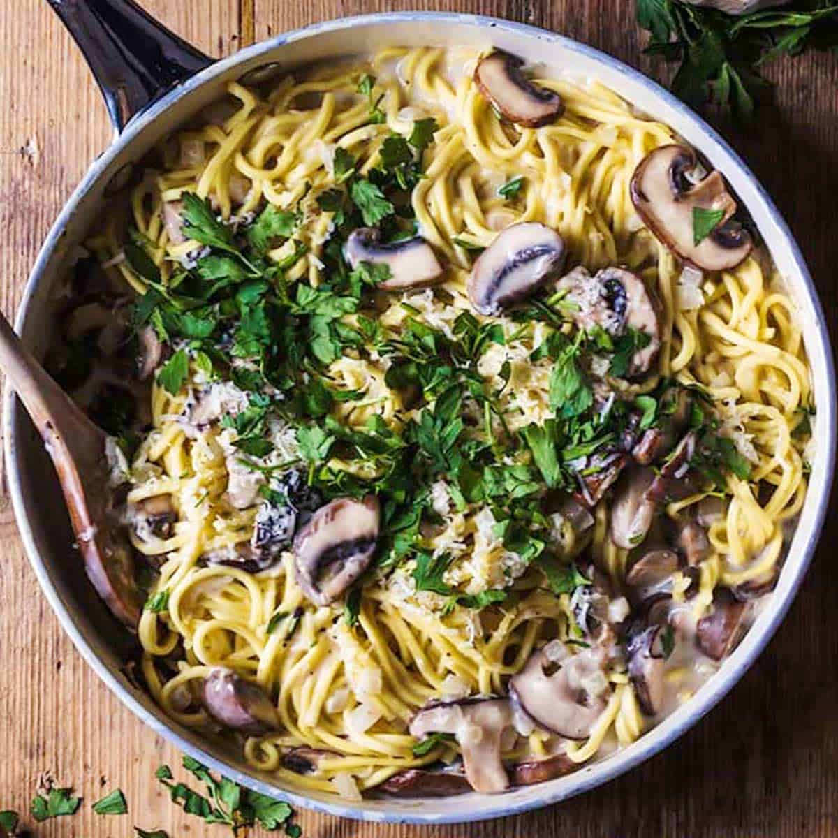 mushroom sauce with pasta in a pan