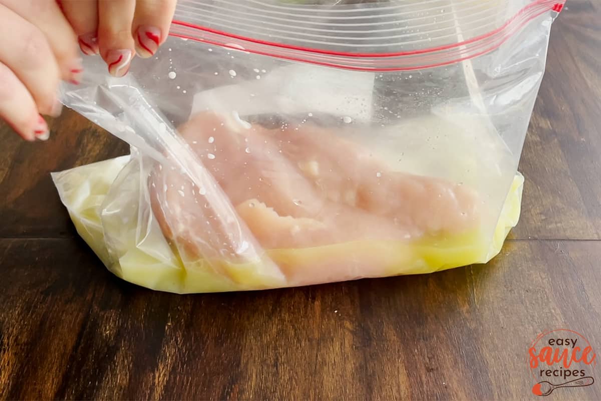 adding chicken to bag with marinade