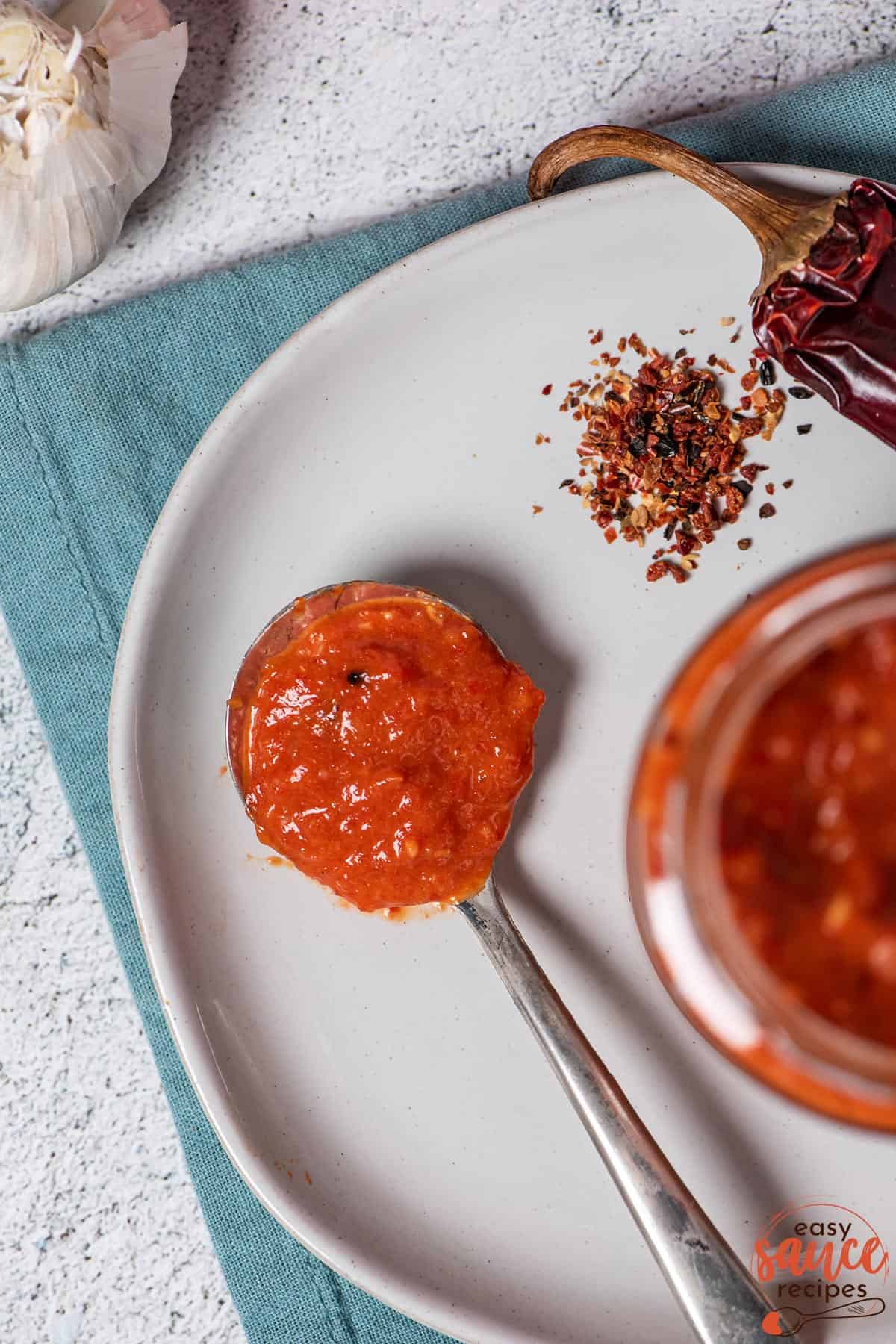 harissa sauce on a spoon placed on a white plate with red chilies