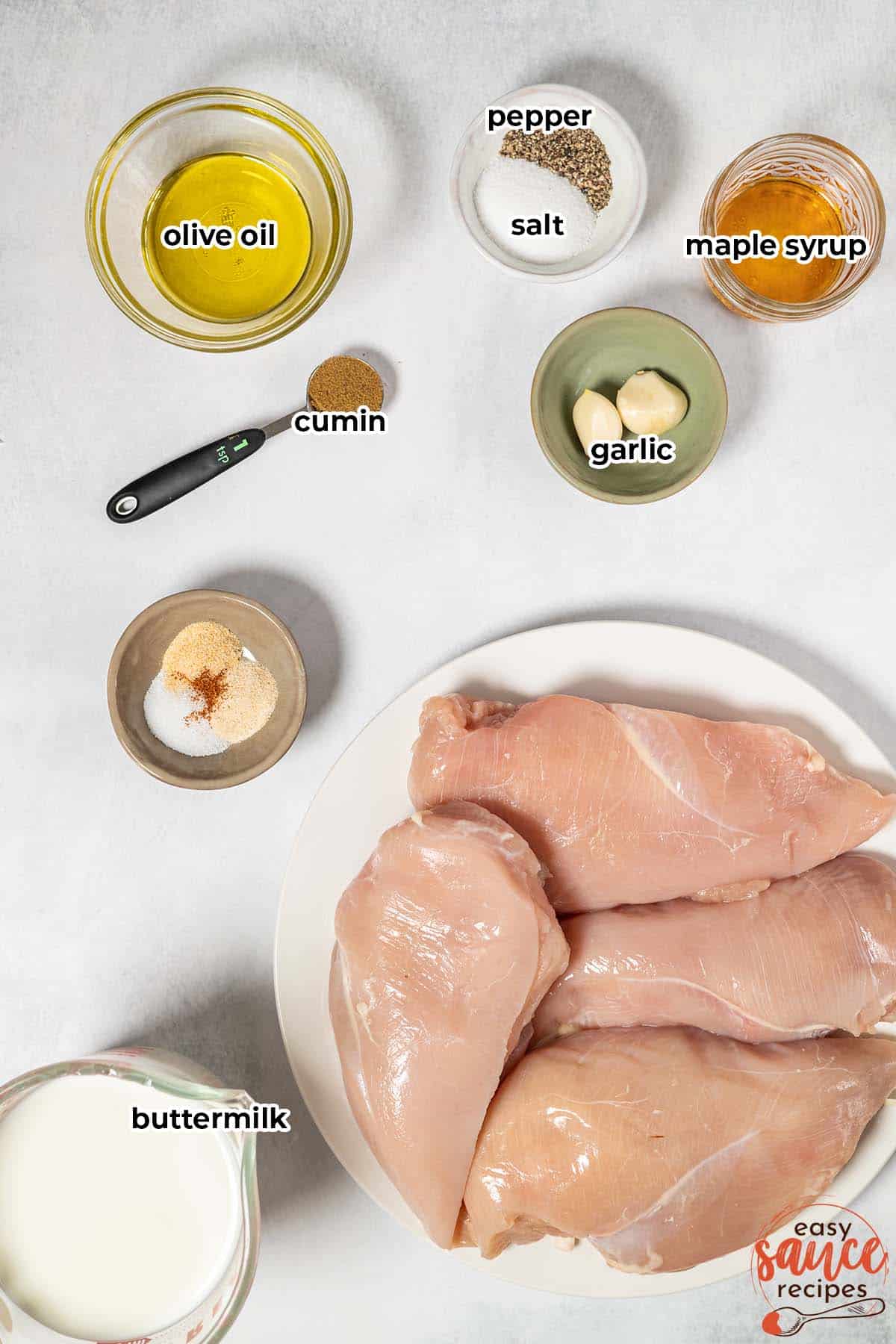 ingredients for buttermilk chicken marinade with labels