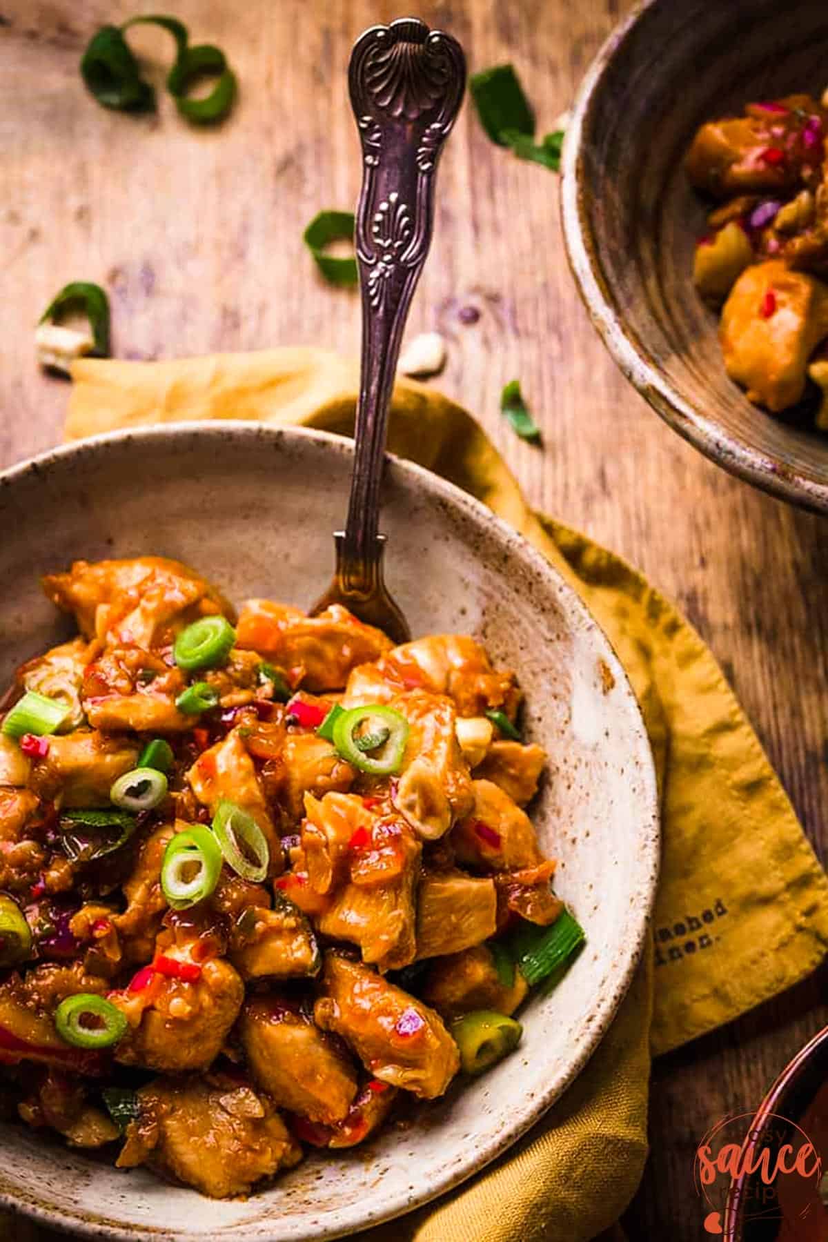 a plate full of marinated chicken cooked with peppers and green onions on a counter with green onions