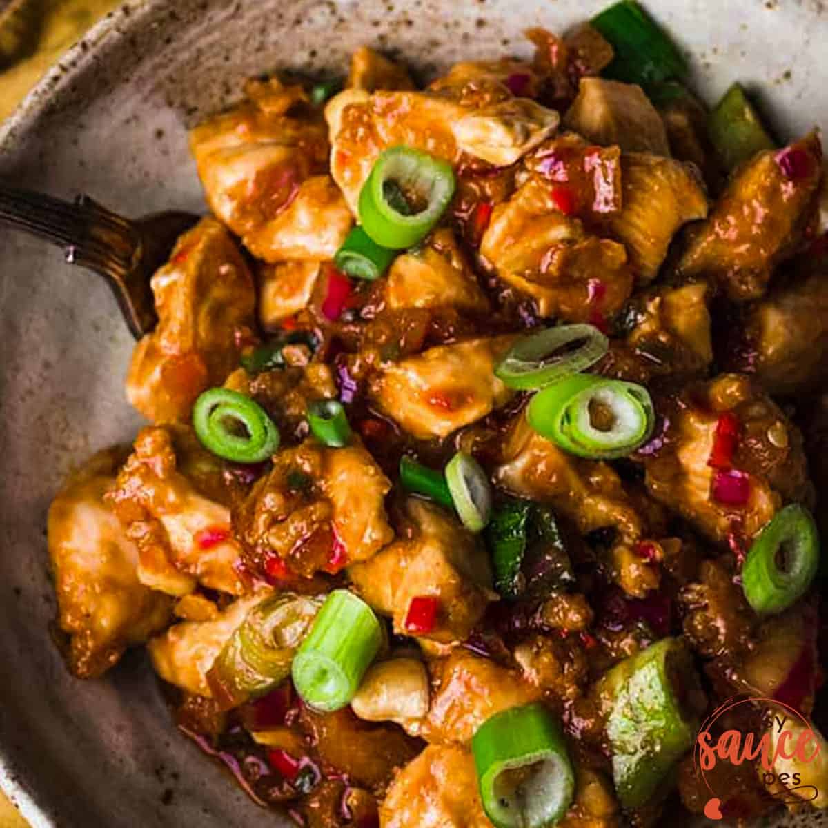 closeup image of cooked marinated chicken in a bowl with green onions