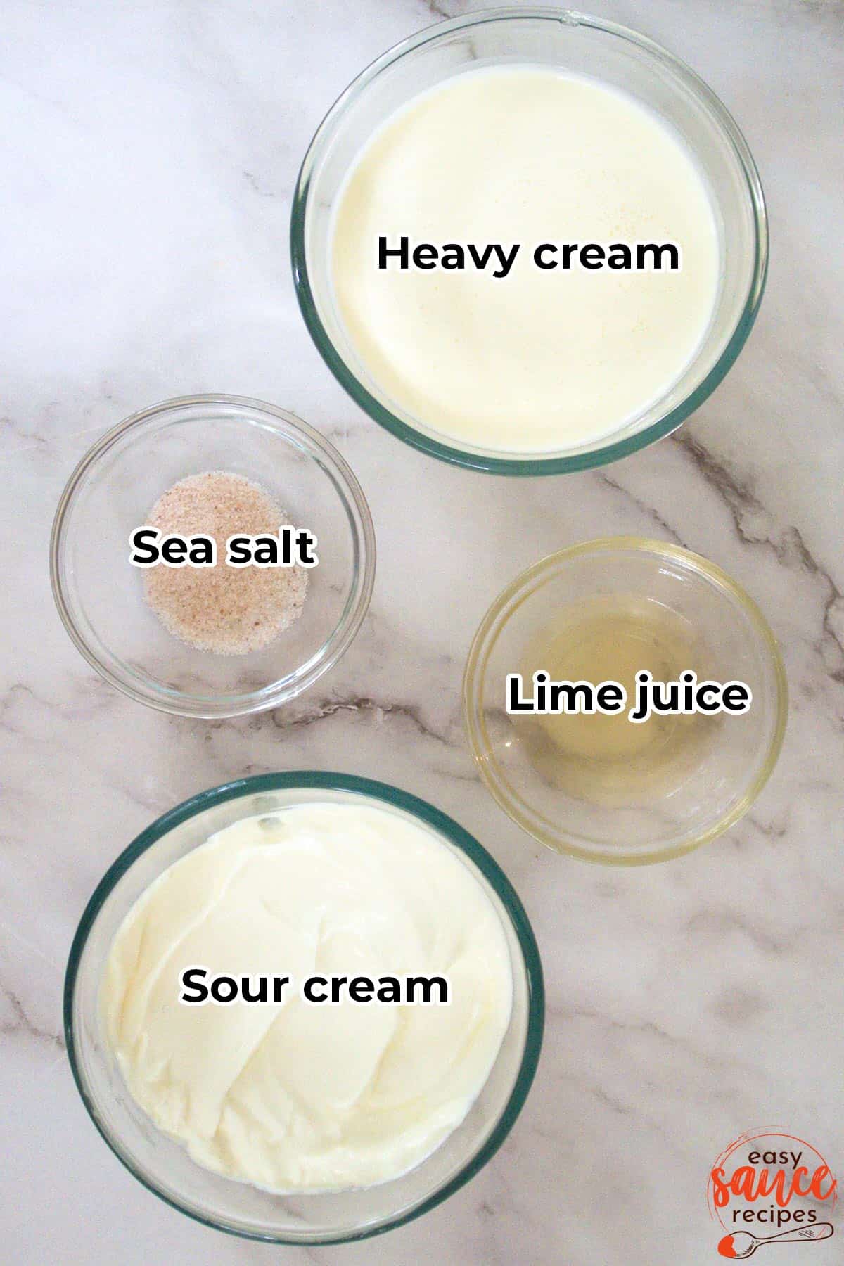 all the ingredients for crema sauce in separate bowls with labels