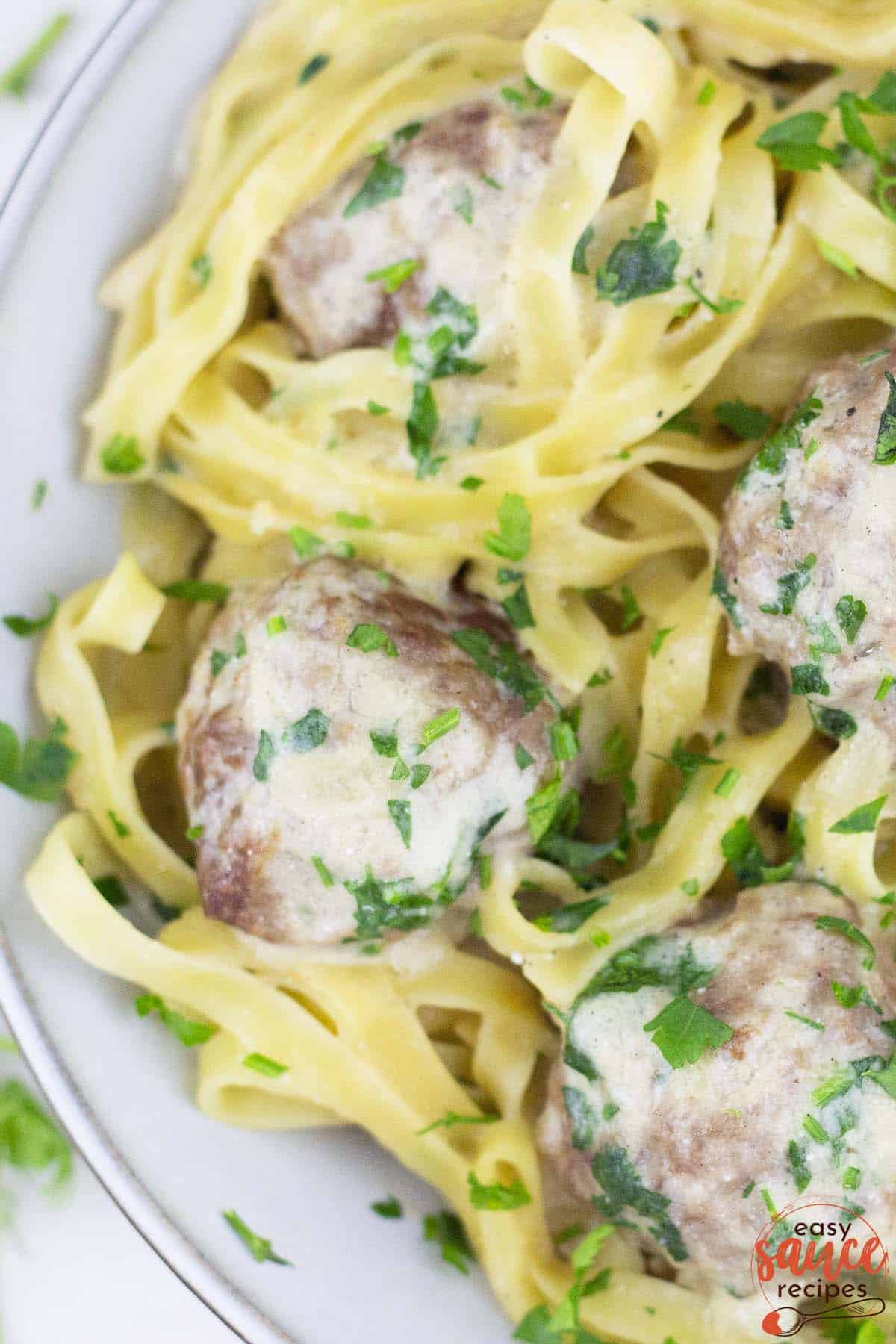 swedish meatballs topped with parmesan and parsley over noodles