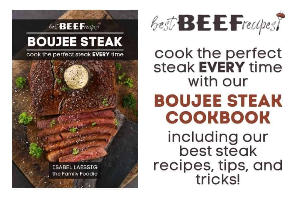 cover of the boujee steak cookbook showing a wagyu steak