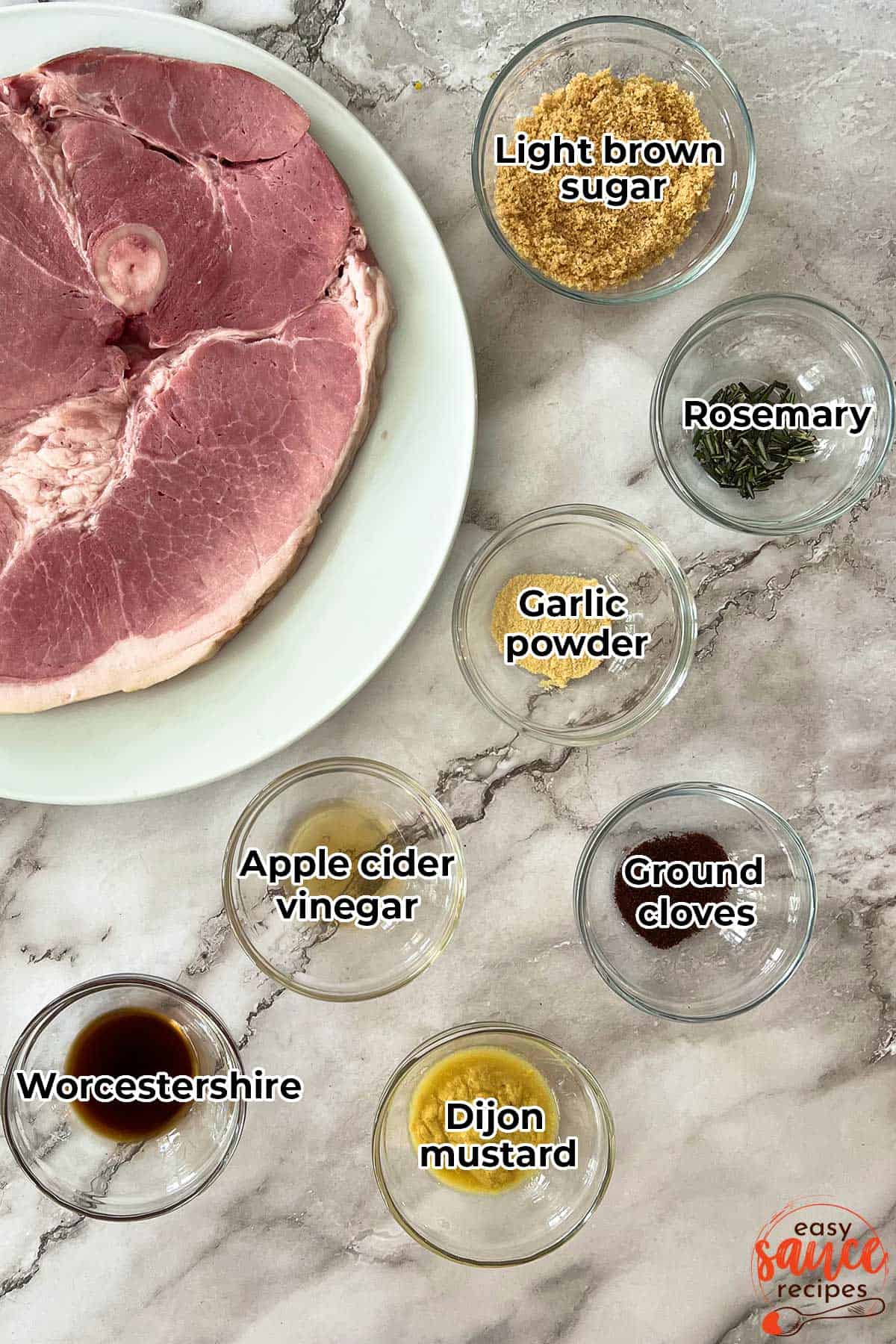 ham steak glaze ingredients in separate bowls with labels, and a plate of ham steaks