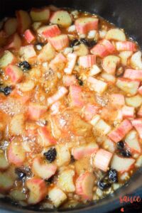 rhubarb chutney simmering in a pot