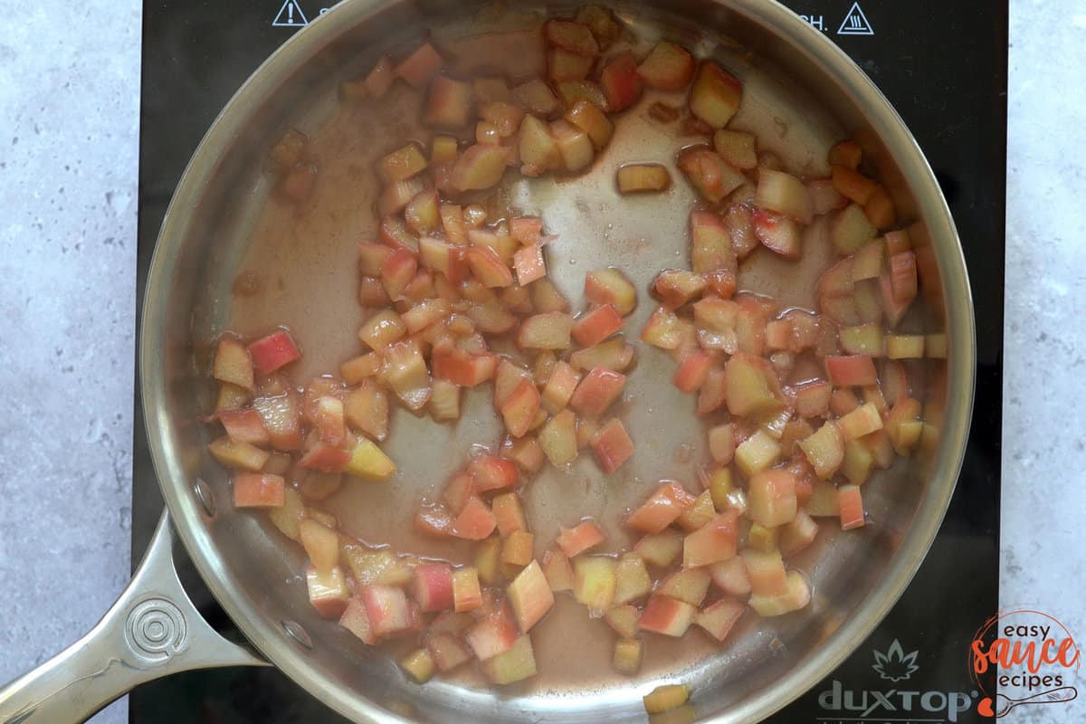 stewed rhubarb cooked down in a pan