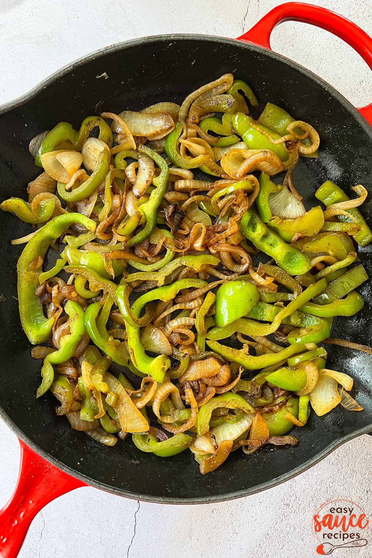 completed peppers and onions in a pan