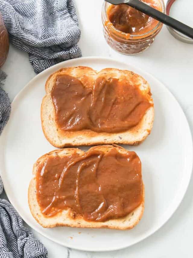 pumpkin butter spread on two slices of toast