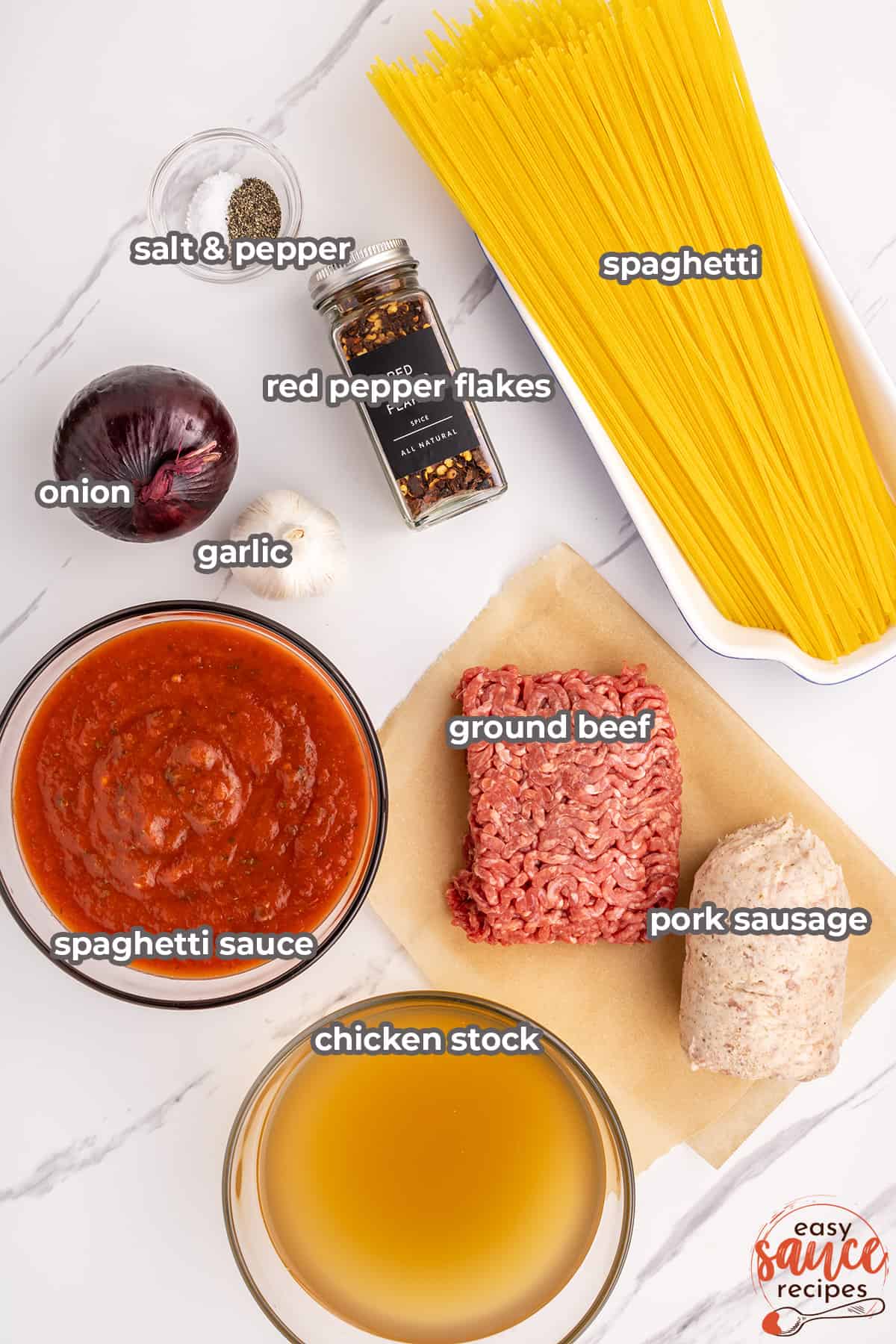 ingredients to make easy spaghetti sauce with labels