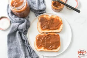 pumpkin butter spread on two slices of toast