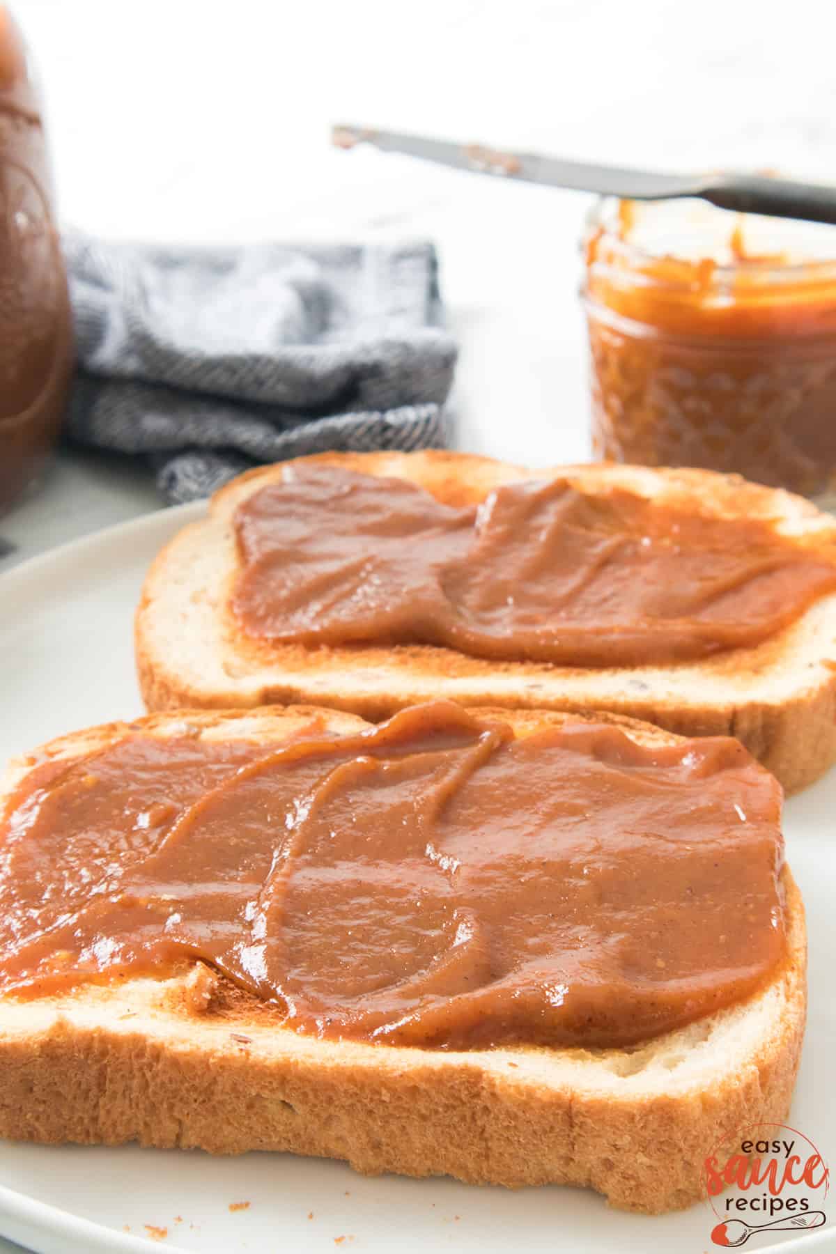 two slices of bread with pumpkin butter on a plate